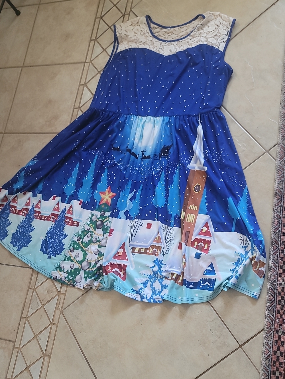 Women Blue Holiday  Print Lace Yoke Dress SZ 4X